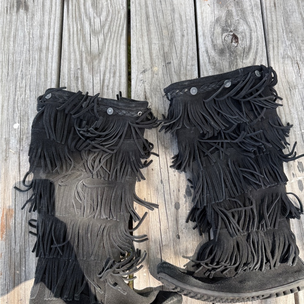 Minnetonka Black Suede Moccasin Fringe Boots